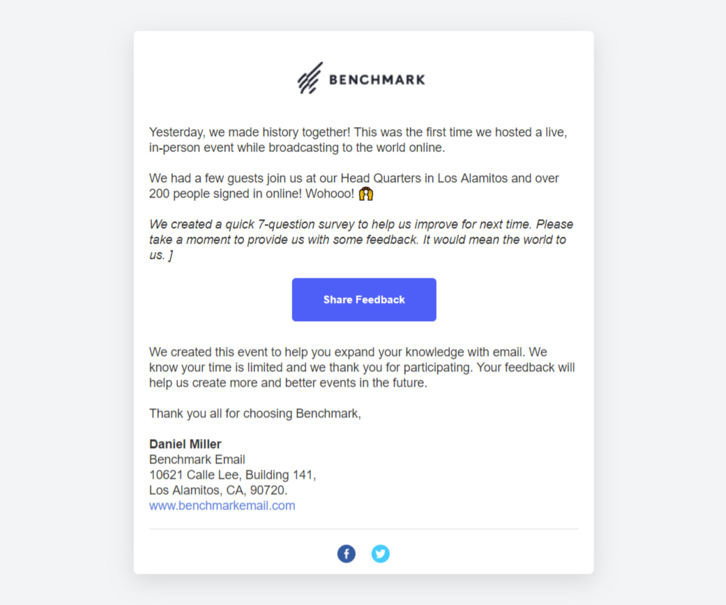 Benchmark Email's Feedback Request email